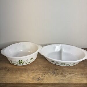Vintage Glasbake Green Floral Milk Glass Bowl & Divided Casserole Dish Set
